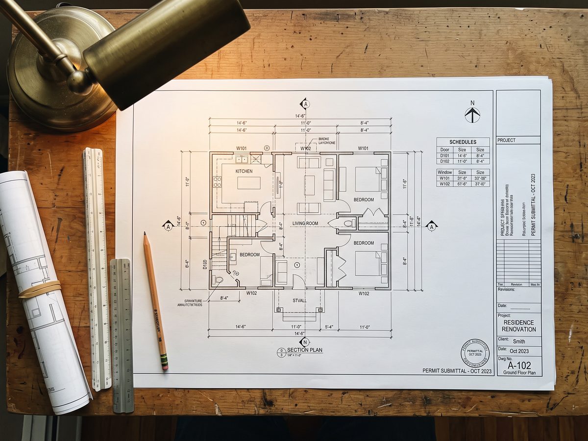 Dimensioned ground-floor construction drawing