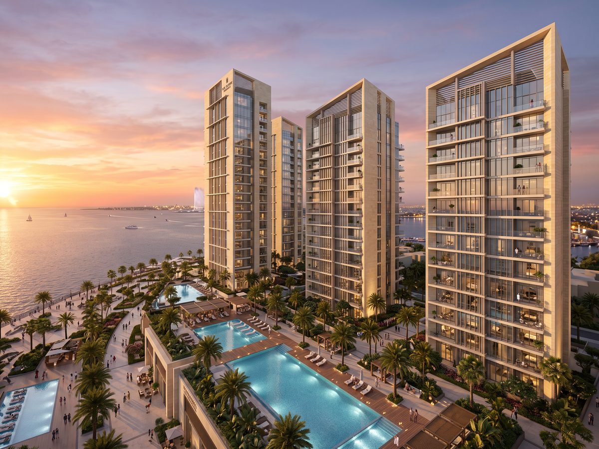 Photoreal exterior render of a mixed-use tower at dusk