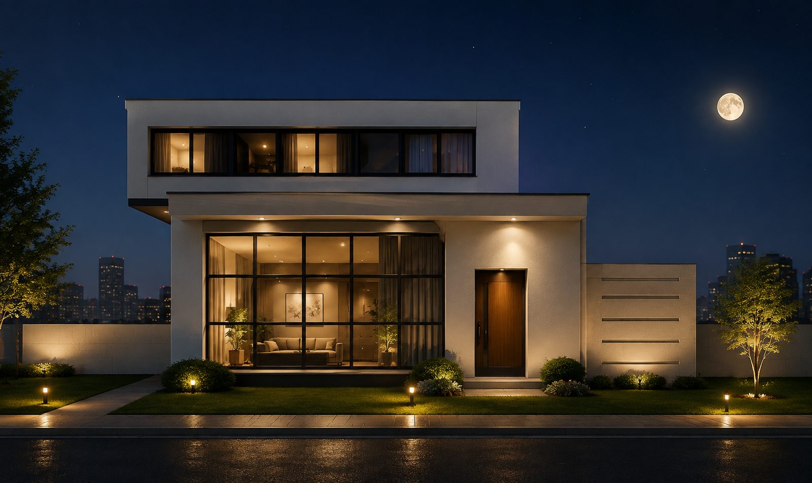 Photoreal night render of the same house: warm interior lighting behind full-height glazing, lit entry, landscaped approach and city skyline beyond.